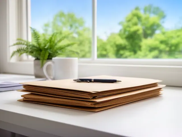 A neat stack of closed manila folders and a pen on a desk by a window.