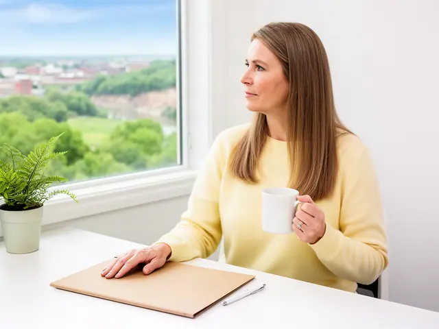 A business owner at a white desk with a closed folder and a mug, looking out of a bright window.