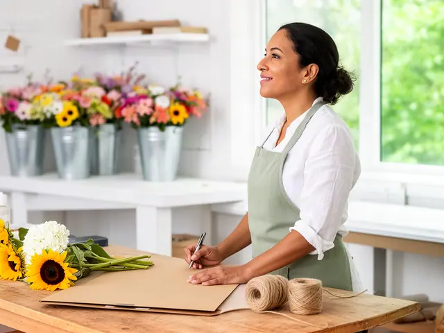 A woman with dark hair in a loose bun at a work table with a closed folder in a small florist.